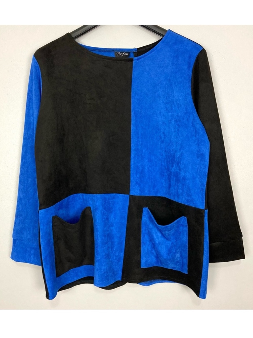 Toofan Faux Suede Harlequin Tunic Top Women’s Size M Oversized Pockets A-Line